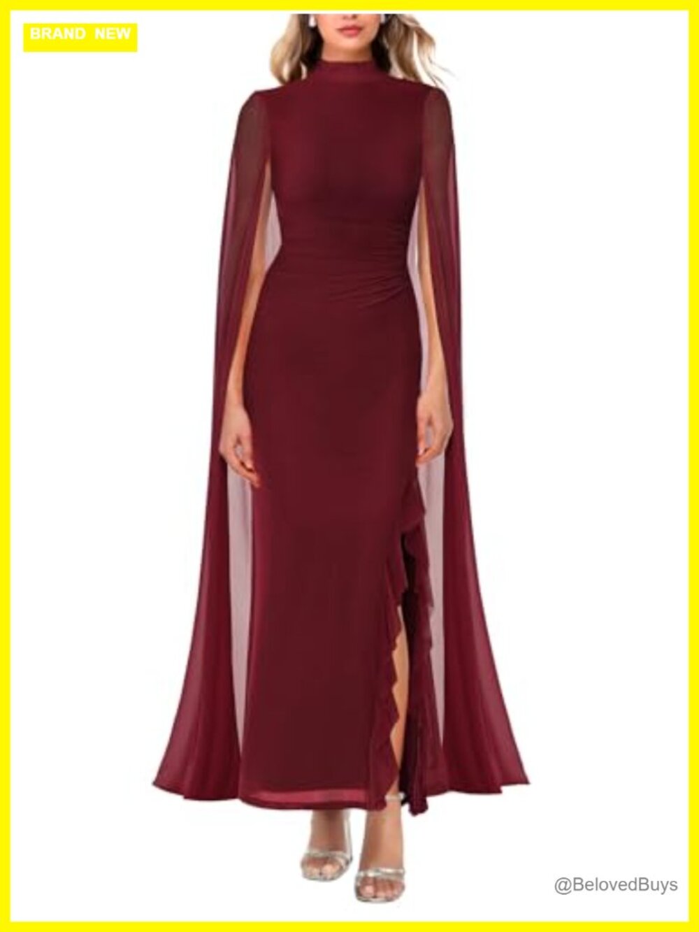 Women's Formal Maxi Dress Ruched Bodycon High Split Mesh Long Sleeve with Cape